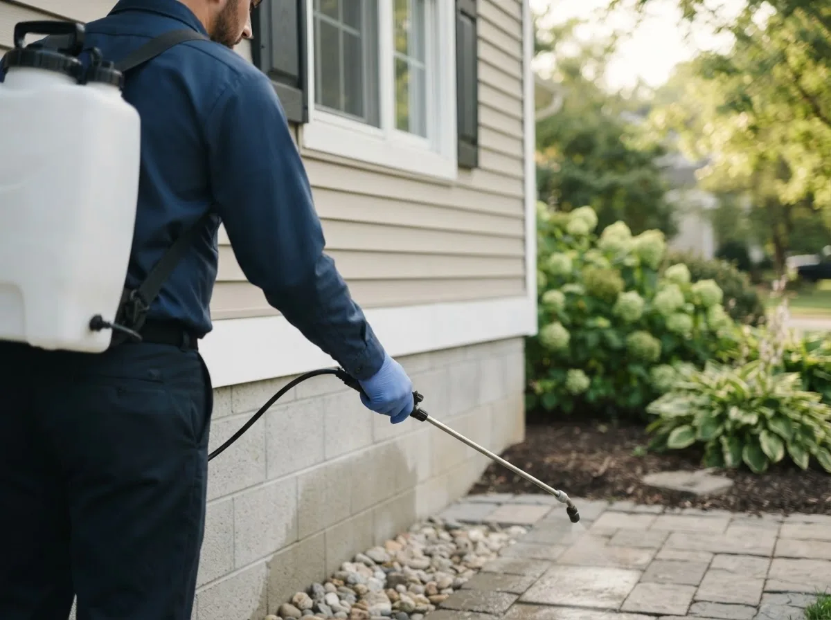 Pest control technician inspecting a home in Northome, MN